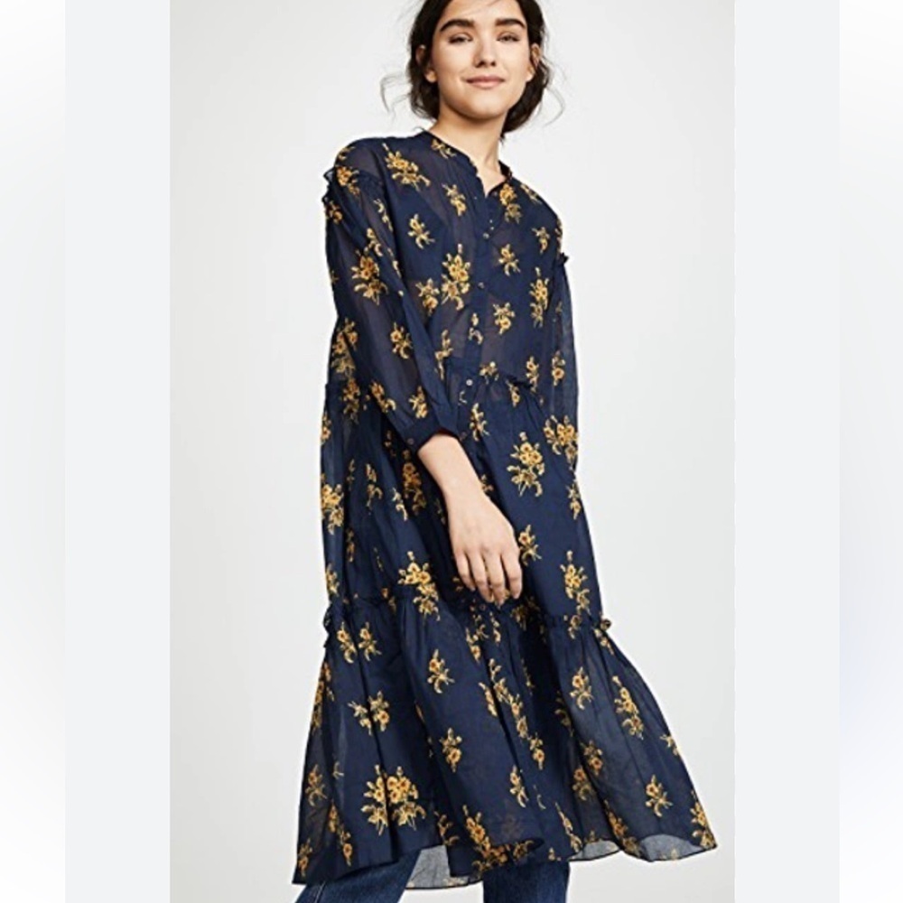 MiH Jeans Anthropologie Lyra Floral Midi Dress Navy Cotton Cottagecore Boho
